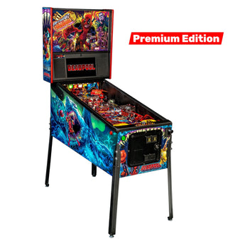 Fliper Stern Deadpool pinball machine with vibrant artwork, featuring premium edition details.