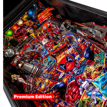 Fliper Stern Deadpool pinball machine interior showcasing vibrant graphics and characters in Premium Edition.