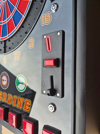 Euroclas & Co. d.o.o. Cyberdine Spider electronic dartboard with red and blue segments, coin slot, and control buttons.