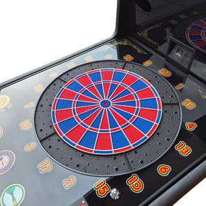 Euroclas & Co. d.o.o. Cyberdine Spider wall-mounted electronic dartboard with red and blue segments and LED lighting.