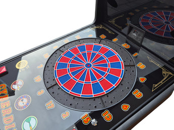 Euroclas & Co. d.o.o. Cyberdine Spider wall-mounted electronic dartboard with red and blue segments and LED lighting.
