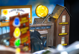 Fliper playing field detail featuring Quint's Shack and colorful lights for JAWS 50th Anniversary pinball game.